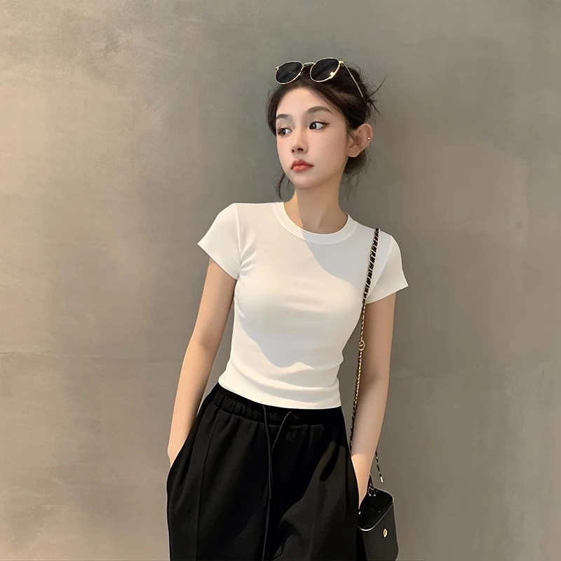 老钱风夏季新款白色短袖t恤女紧身小飞袖修身正肩女生韩系ins衣服