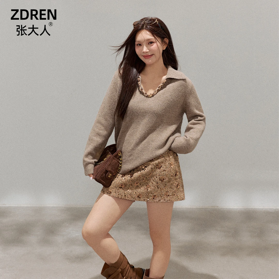 张大人【佩斯画廊】大码女装微胖妹妹时髦套装V领毛衣短款包臀裙
