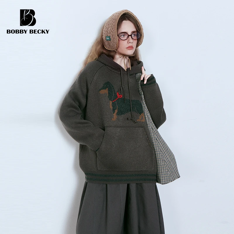 Bobbybecky美式复古经典腊肠狗连帽刺绣针织毛衣和斜纹花苞半身裙