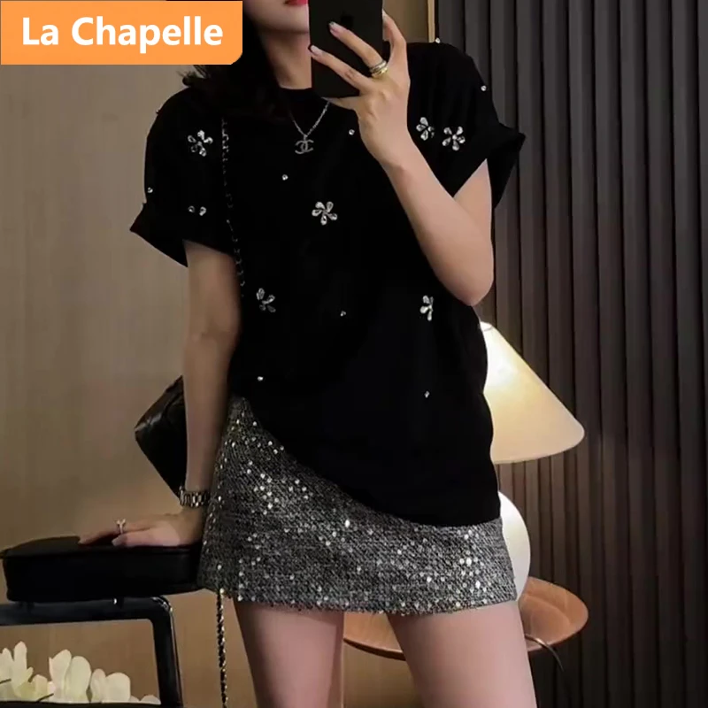 拉夏贝尔重工烫钻花朵T恤女2025夏季爆款轻奢洋气时尚黑色上衣