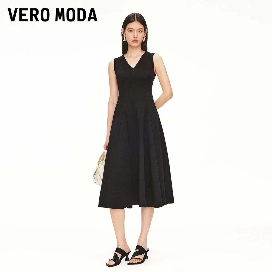 Vero Moda连衣裙2025夏季新款含棉V领高腰线收褶洋气小黑裙小众