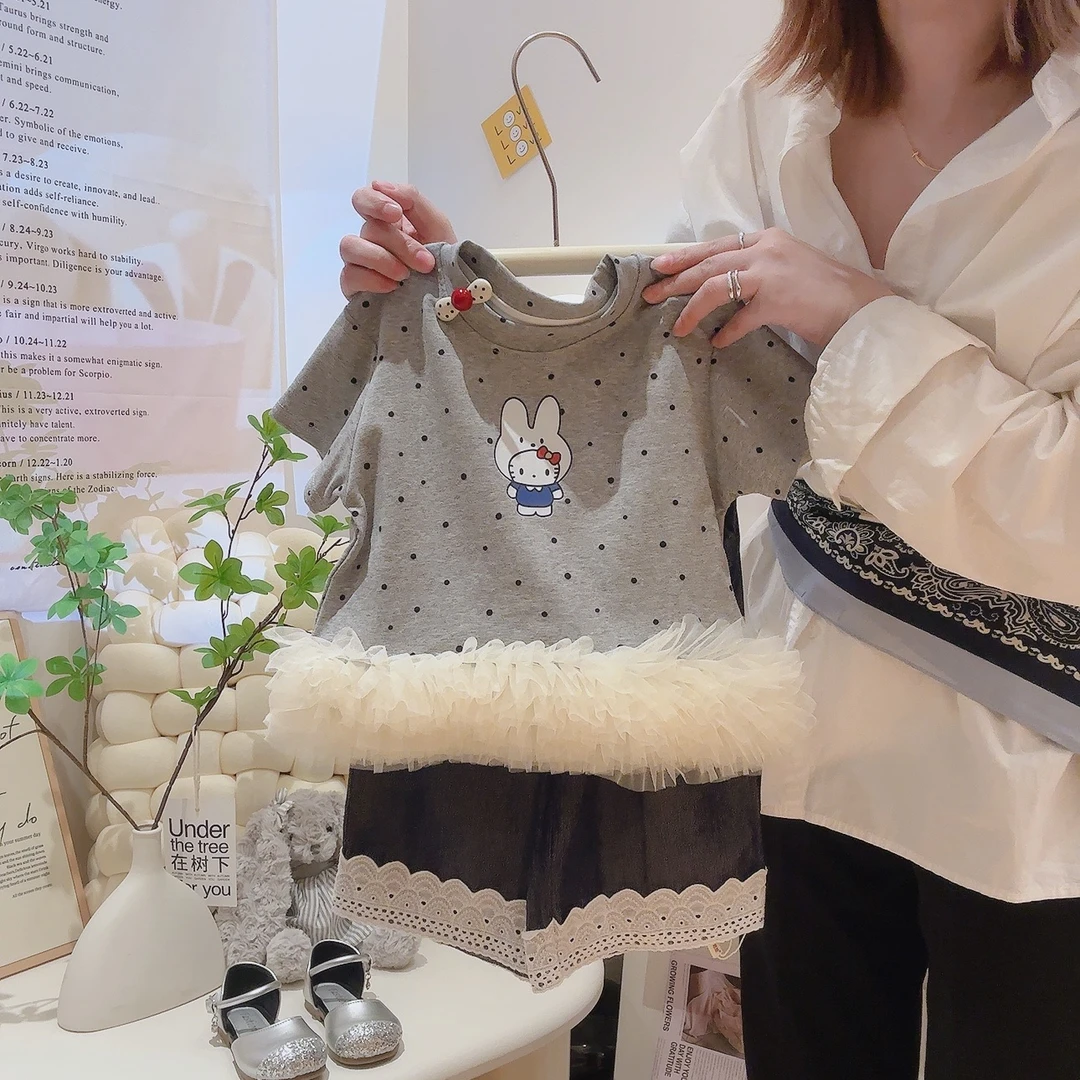【中秋家】网纱裙T恤短袖女宝韩系百搭可爱套装蕾丝