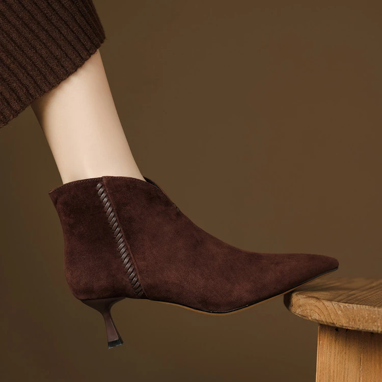 羊皮~5cm秋冬新款尖头法式真皮短靴女细跟复古棕色高跟短筒及裸靴