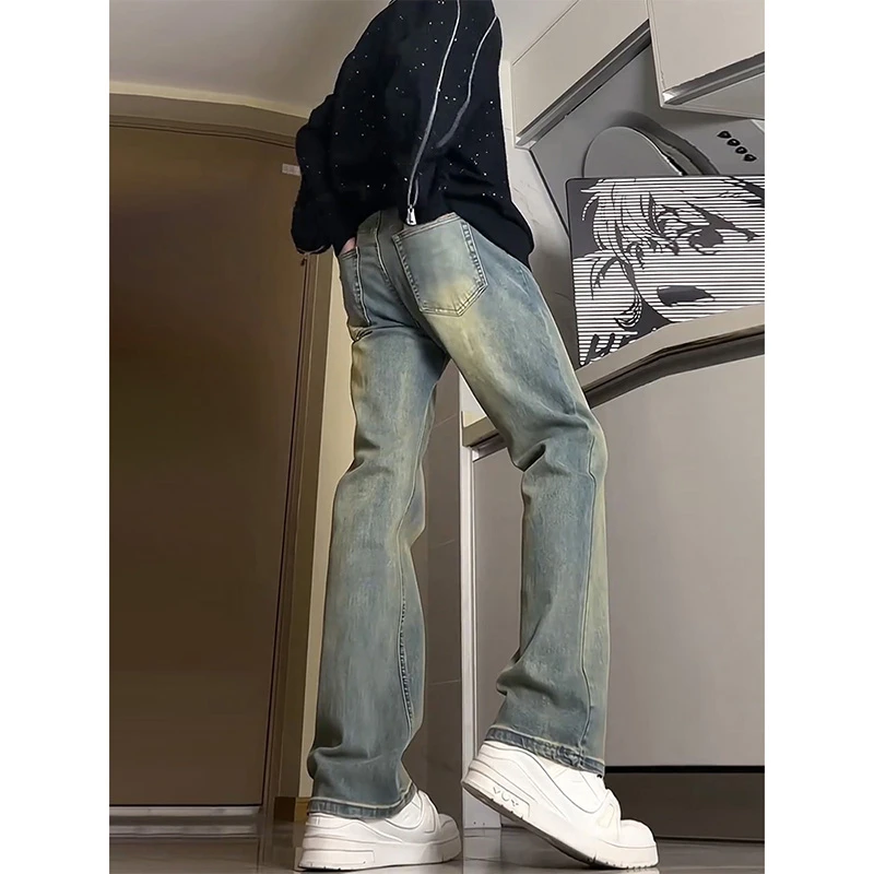 复古蓝直筒潮牌牛仔裤男冬季cleanfit美式潮牌裤子修身高腰微喇裤