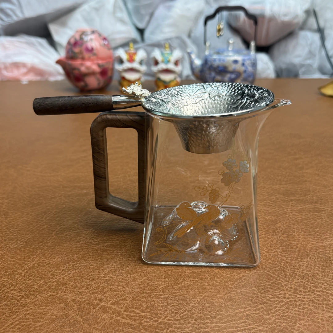 ZH2979-喜上眉梢环把玻璃公道杯+银茶漏