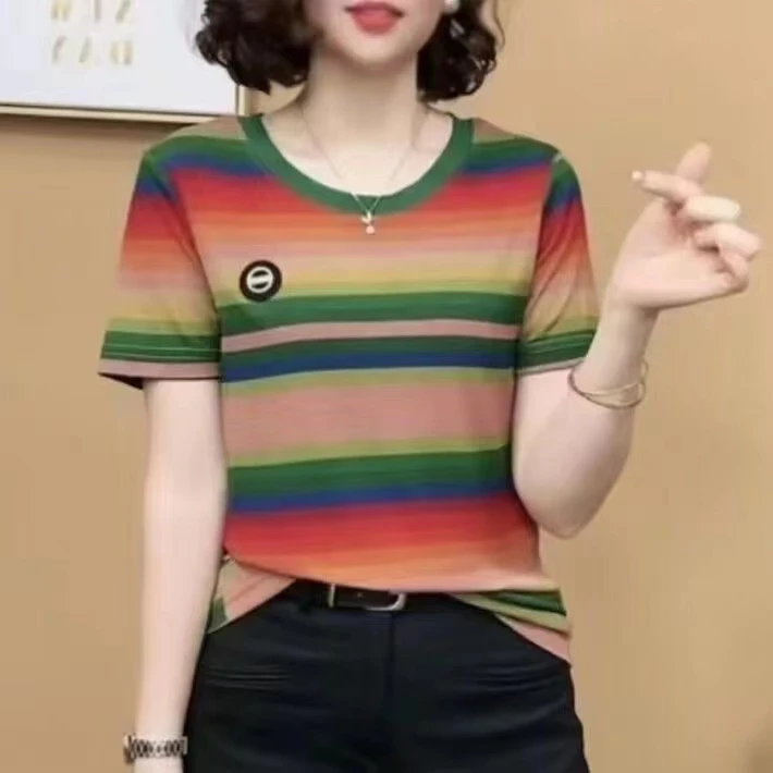 2025夏季新款条纹妈妈高档时尚洋气中年短袖T恤减龄宽松遮肚小衫