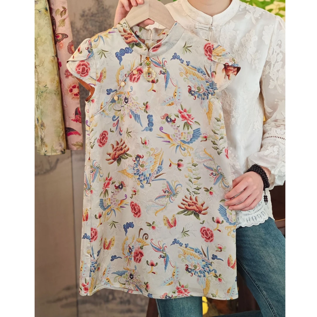 现货【花鸟】女童26姆米木薯丝旗袍裙女宝木薯丝过膝夏季衣服旗袍裙