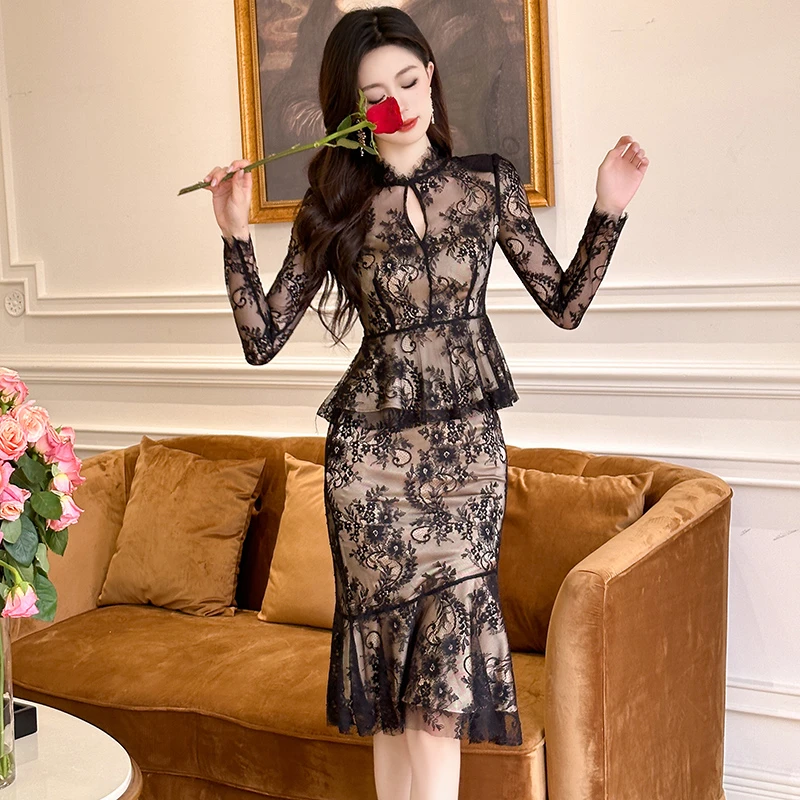 柔娜定制  两件套蕾丝鱼尾裙洋气中裙百搭203912/203913/10456