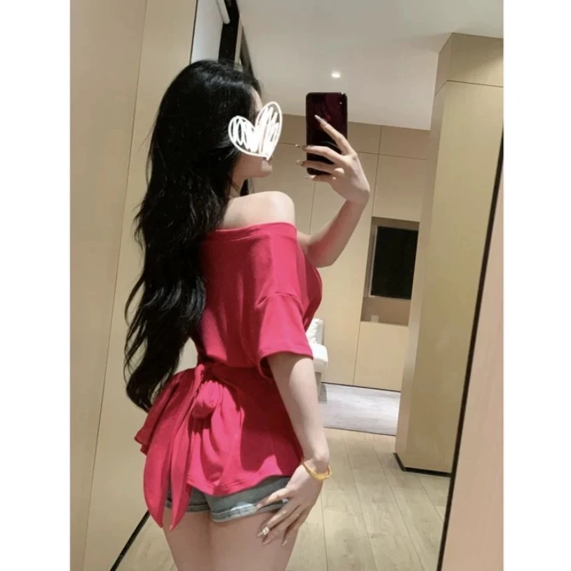 微胖2025年夏季新款韩系纯欲温柔露肩T恤宽松慵懒显瘦欧若风上衣