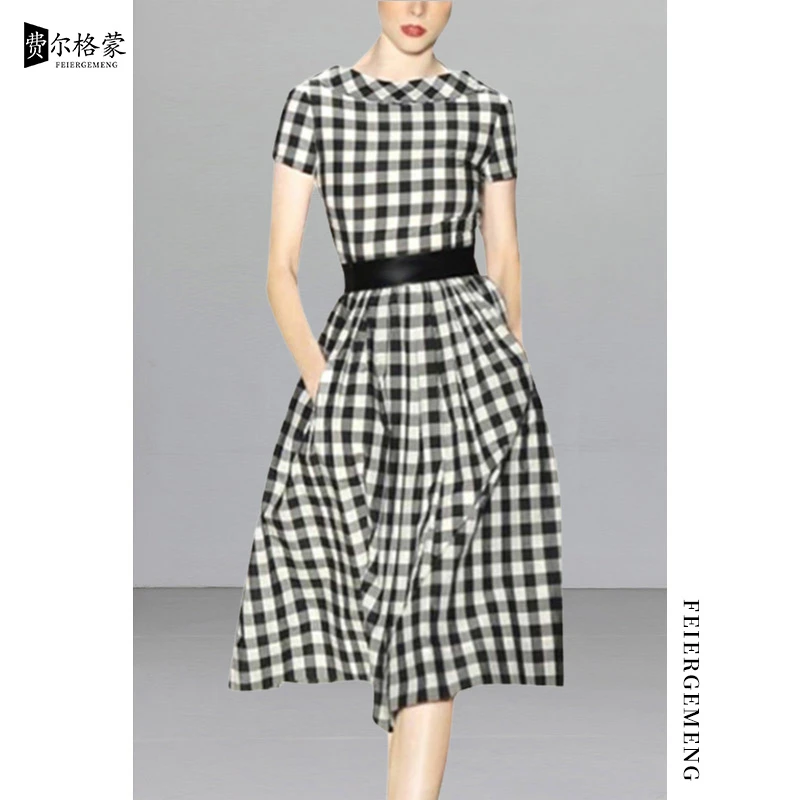 洋气质格子连衣裙高档名牌2025夏季新款短袖修身法式仙女裙减龄潮