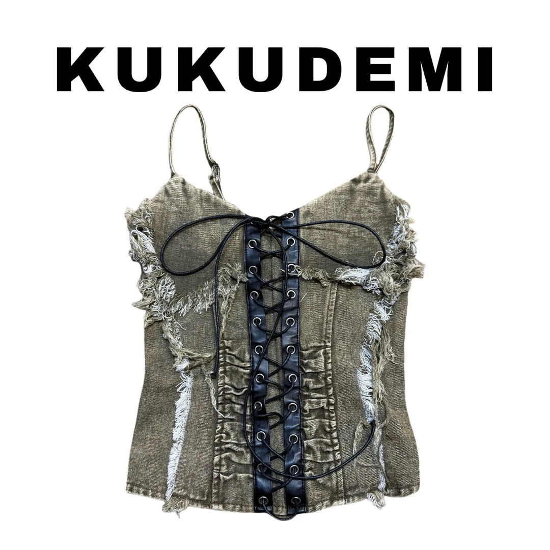 KUKUDEMI「松塔」新款小众复古水洗牛仔绑带设计吊带上衣背后松紧