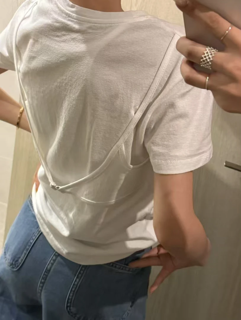 韩国代购东大门25早春新款后背锁扣圆领短袖T恤洋气时尚