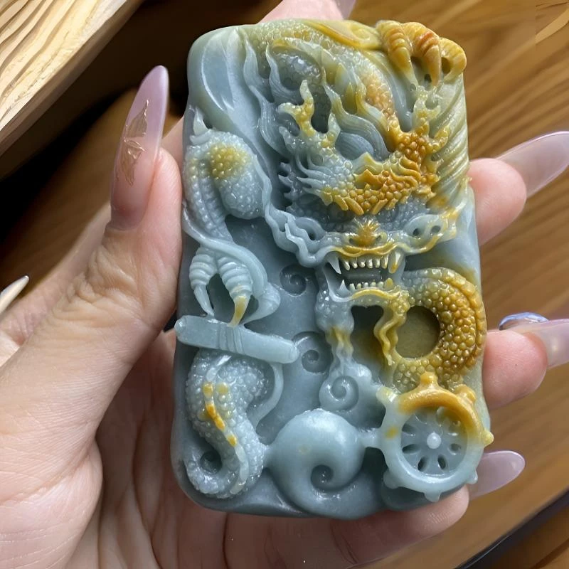 翡翠黄翡大件厚装龙牌 毛货买断 尺寸81*50*12.5mm