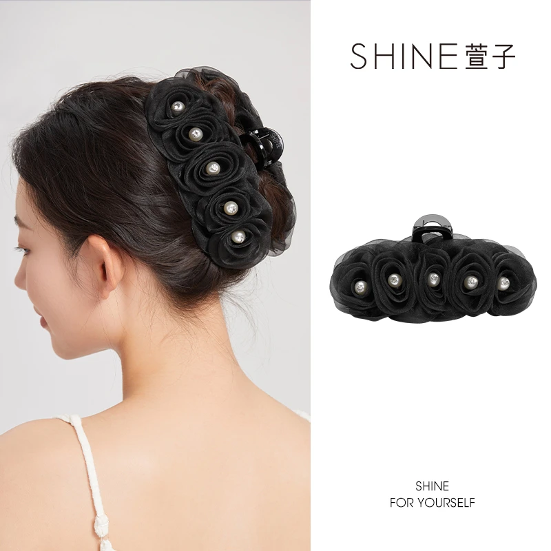 萱子SHINE网纱黑色珍珠大号法式鲨鱼夹抓夹网红日韩极简风
