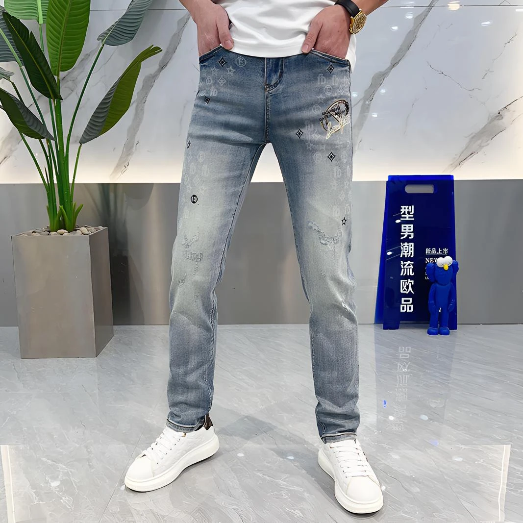 高端轻奢牛仔裤男款夏季薄款时尚潮流印花百搭修身牛仔裤男休闲裤