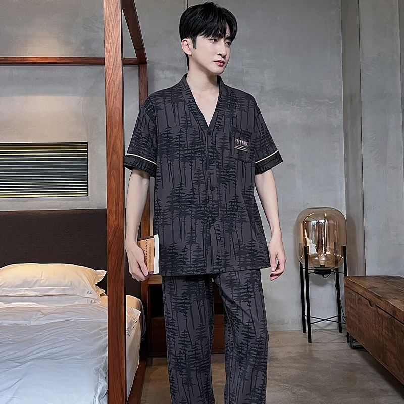 睡衣男士夏季纯棉和服款短袖长裤2025新款男式简约休闲家居服套装