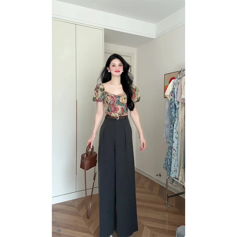 绝美精致高级感时尚气质设计感泡泡袖花朵上衣百搭显瘦休闲阔腿裤