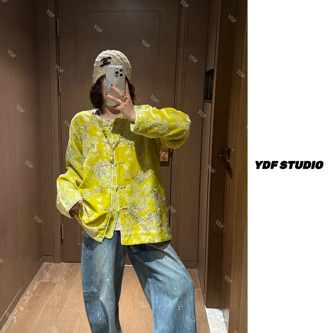 YDFSTUDIO小众【千金归来】新中式国风烫钻钩花拼接设计时尚外套