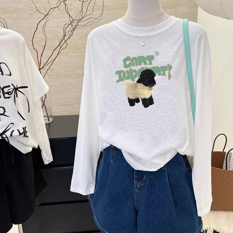 韩系设计感薄款长袖防晒T恤女夏季时尚减龄卡通印花空调罩衫上衣