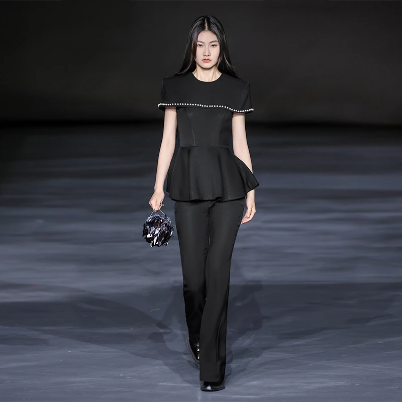 MAGGIE MA马婧财阀千金女装上衣黑色微喇裤法式套装327C/328P