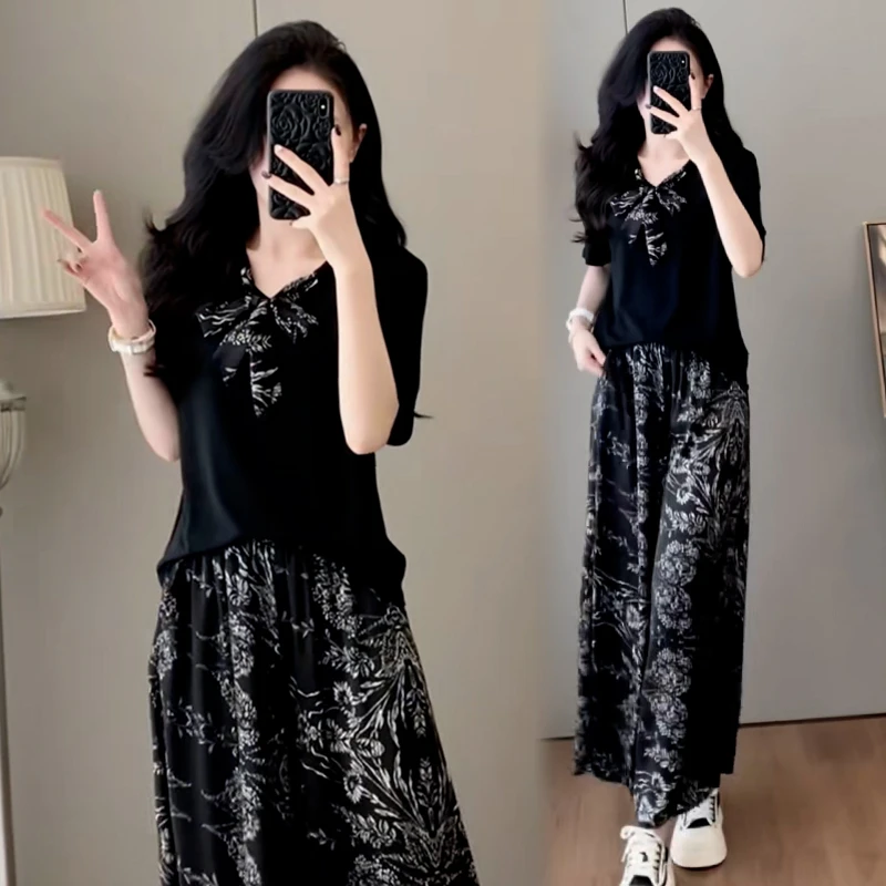 休闲设计感套装女2025年夏季新款减龄显瘦蝴蝶结上衣阔腿裤两件套