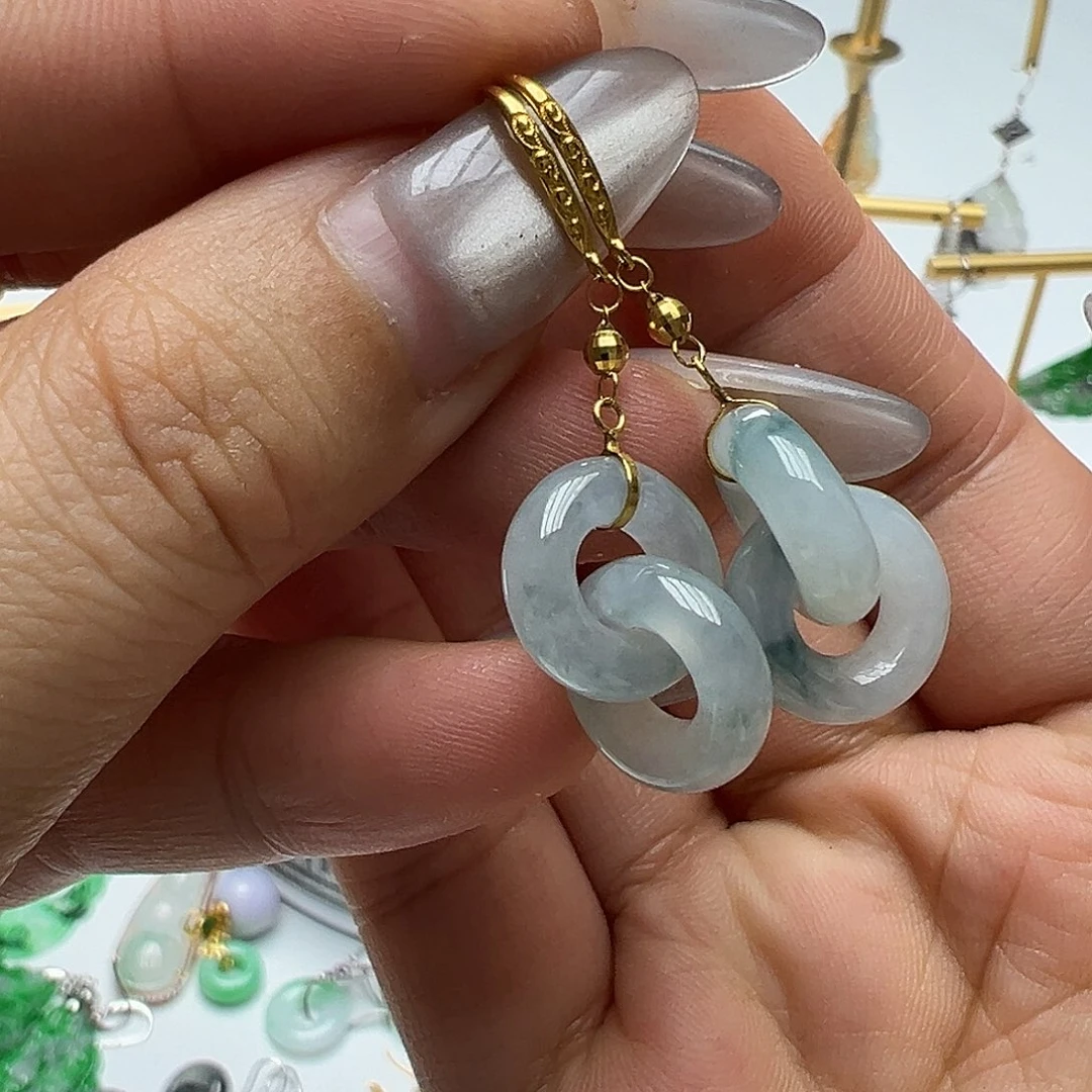 杨***儿翡翠18K金镶嵌耳饰天然缅甸A货翡翠