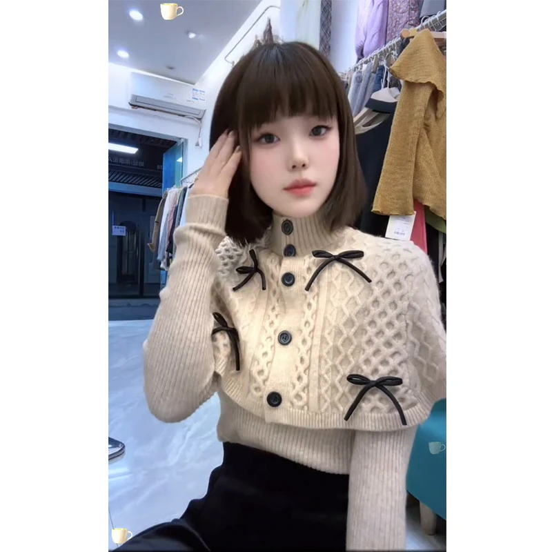 蝴蝶结针织衫小众叠穿披肩斗蓬上衣女冬季新款显瘦别致独特毛衣