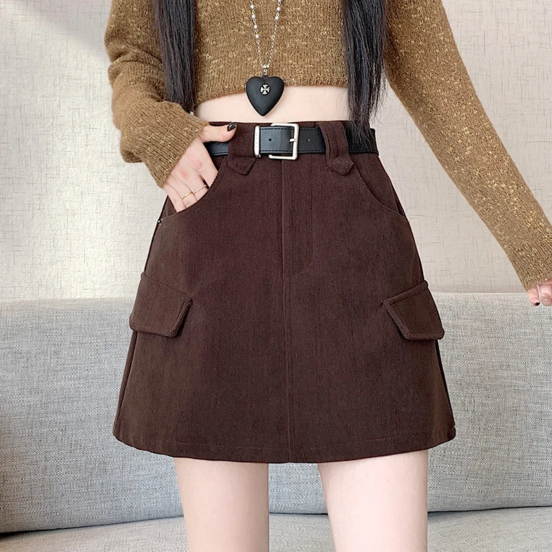 韩版工装风咖色A字半身裙女2025秋冬季新款高腰显瘦辣妹包臀短裙