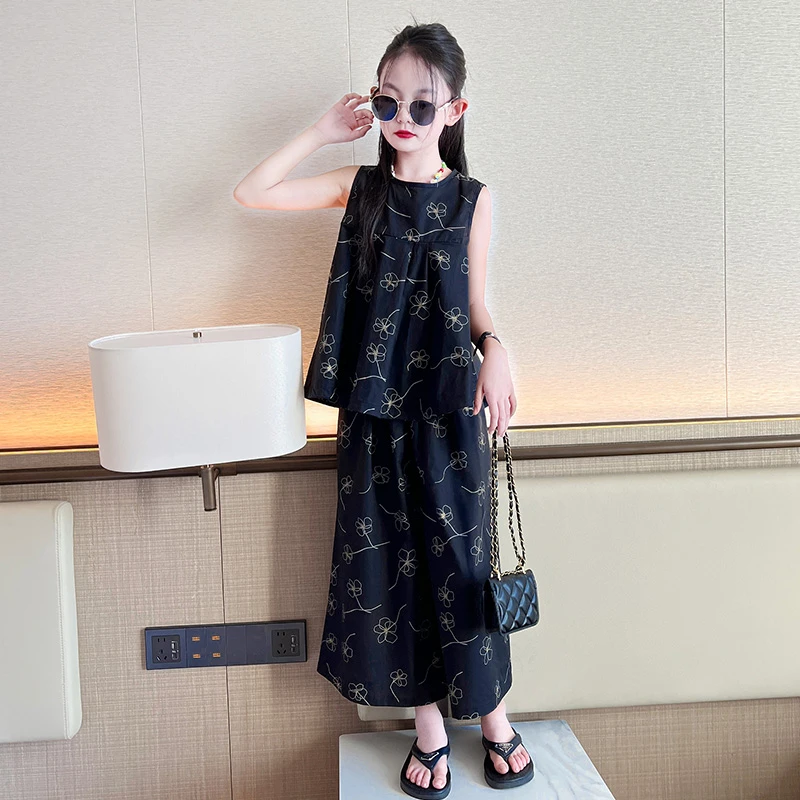 女童夏装法式无袖套装2025新款儿童夏季中大童两件套6-12岁潮碎花