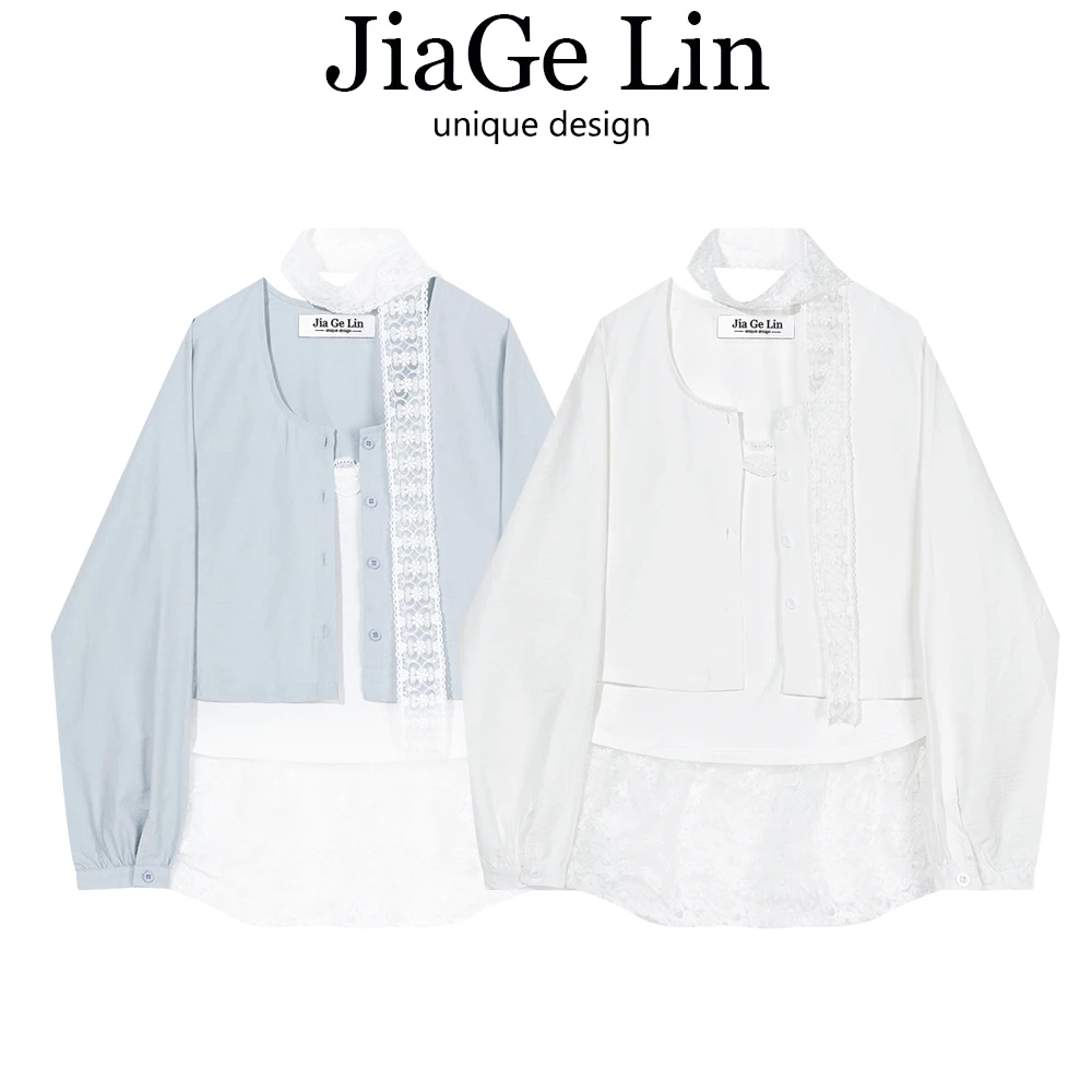 JiaGeLin蕾丝吊带拼接长袖衬衫女春设计感别致假两件挂脖飘带衬衣