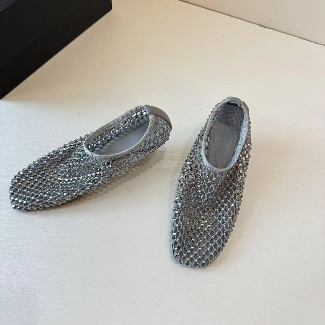 25新款设计感满天星网面细跟6cm法式方头真皮时装凉鞋