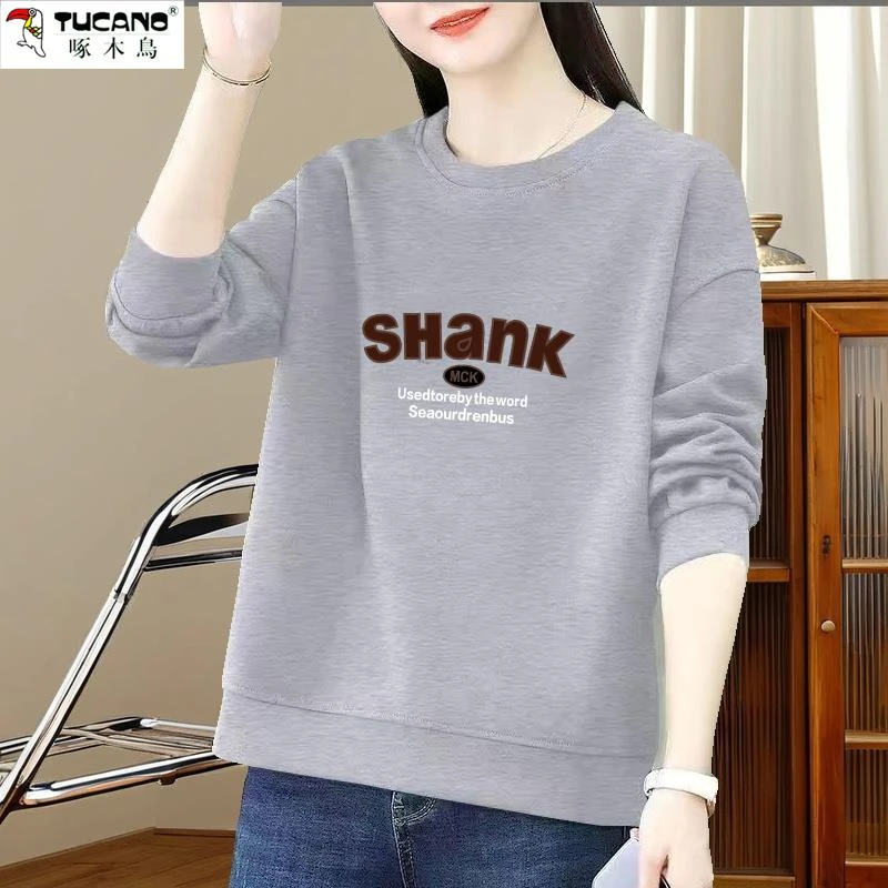 啄木鸟圆领卫衣女秋冬新款宽松大码修身显瘦韩版长袖开叉休闲上衣