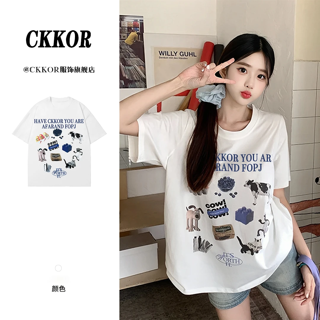 CKKOR夏季学生穿搭卡通纯棉短袖t恤女新款印花宽松圆领半袖上衣服