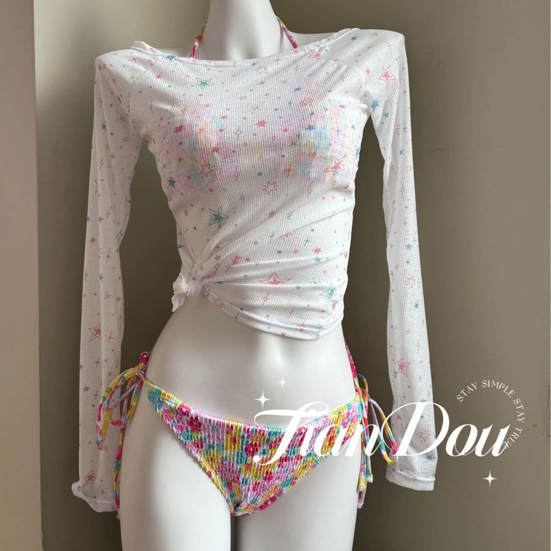 【春日乐园】少女碎花可爱度假泳衣比基尼三点式性感纯欲星星罩衫