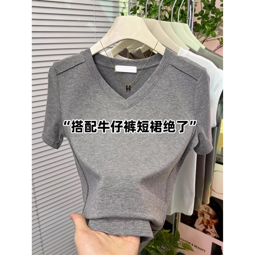 美式V领正肩短袖t恤2025休闲时尚百搭夏季新款通勤透气修身上衣潮
