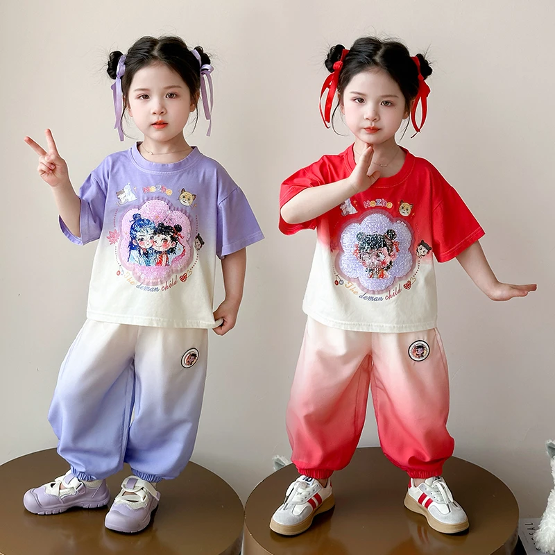 女童短袖哪吒套装洋气儿童夏季新款女宝宝速干防蚊裤两件套小女孩