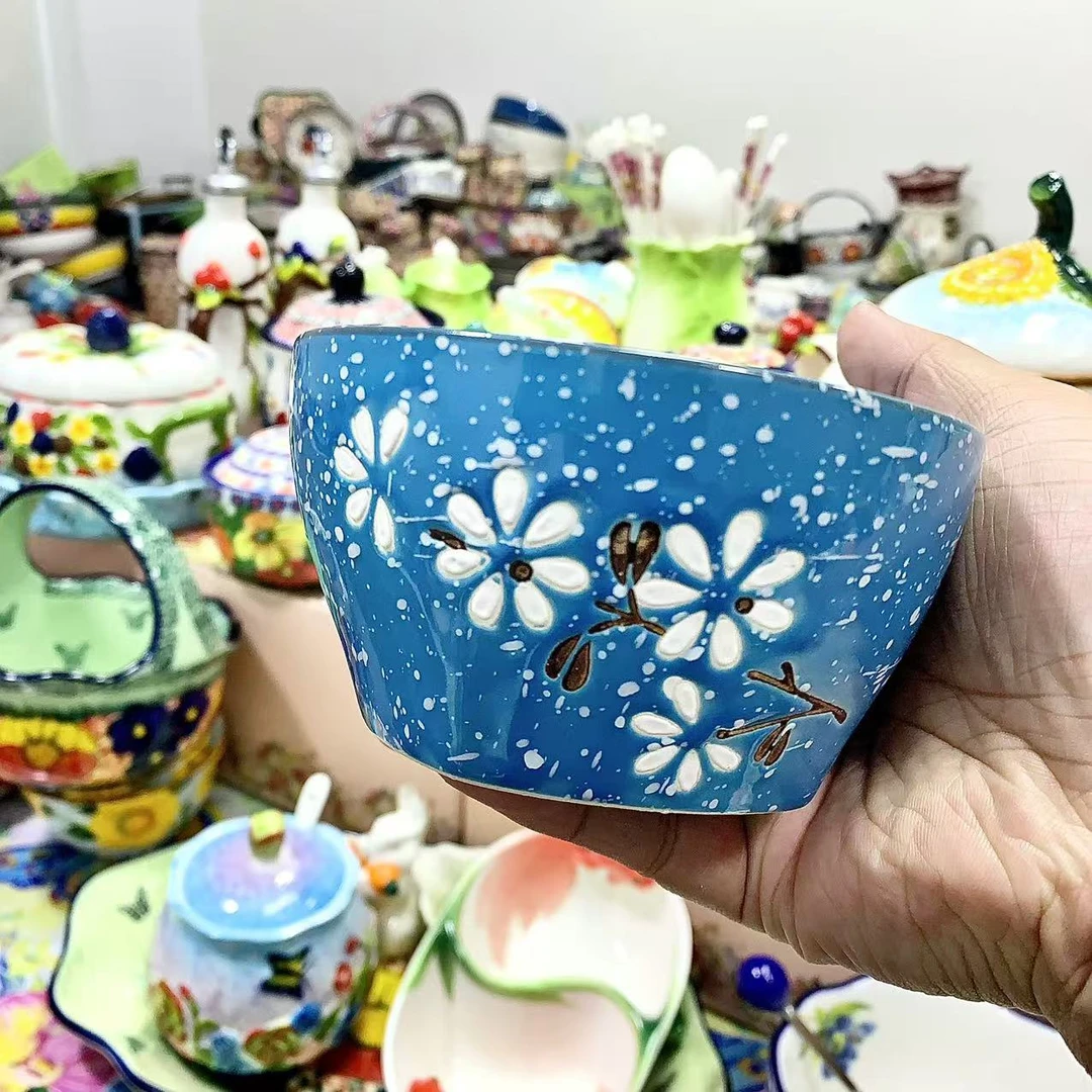 （六单八单囤）TC0002雪花釉4.5英寸方底宽口蓝色米饭碗