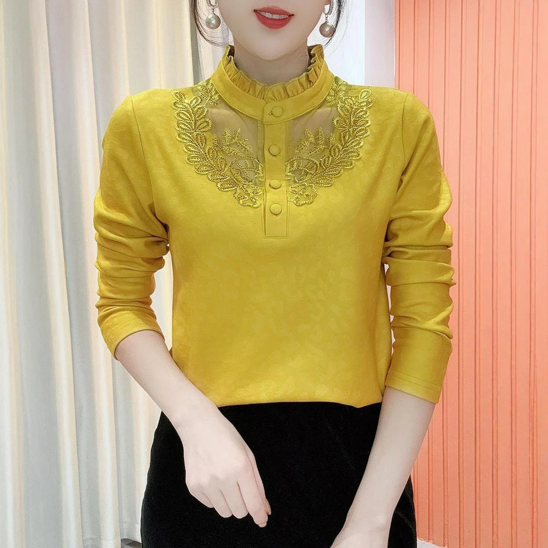 2025秋冬季新款女士气质蕾丝拼接T恤休闲气质百搭减龄加厚上衣