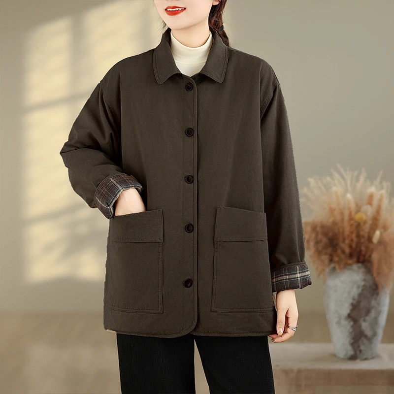 韩版宽松百搭时尚高级感保暖咖啡色长袖翻领棉衣外套女式2025秋冬