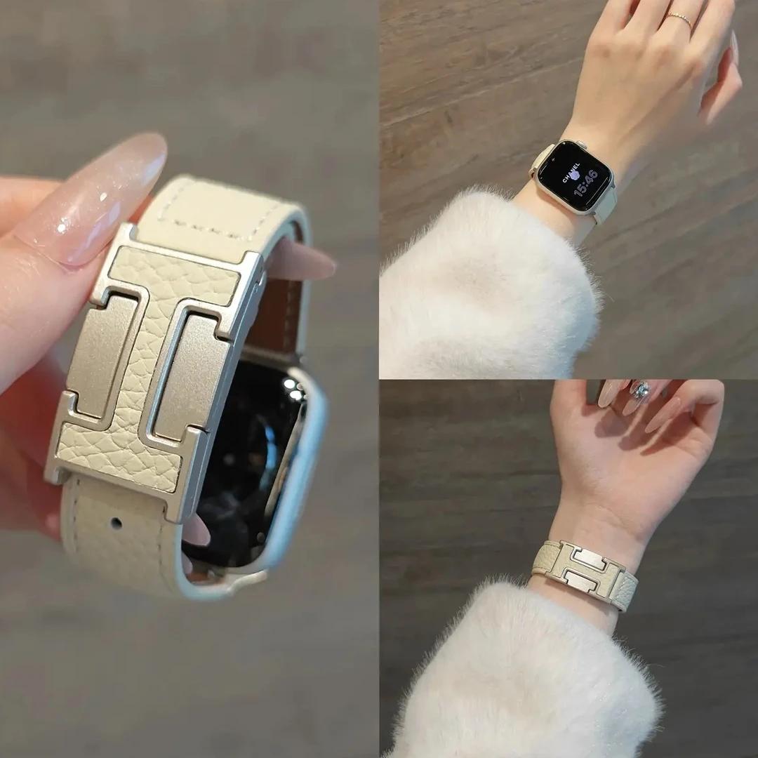 适用苹果iwatch手表s11表带s10荔枝纹真皮H磁吸扣watchs9女款腕带