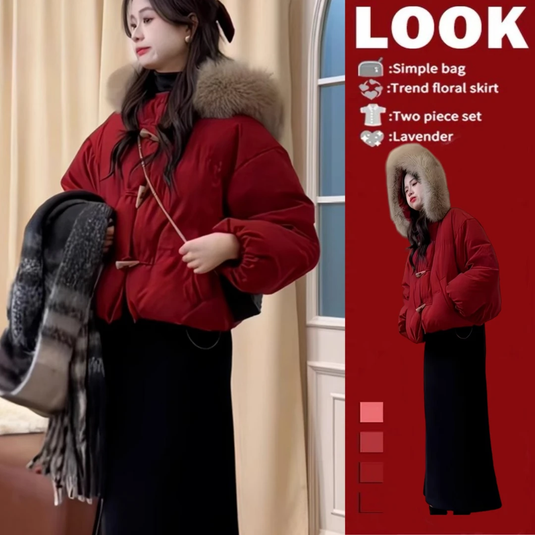 红色时尚洋气可拆卸毛领短款羽绒棉服女秋冬新款牛角扣棉衣外套潮