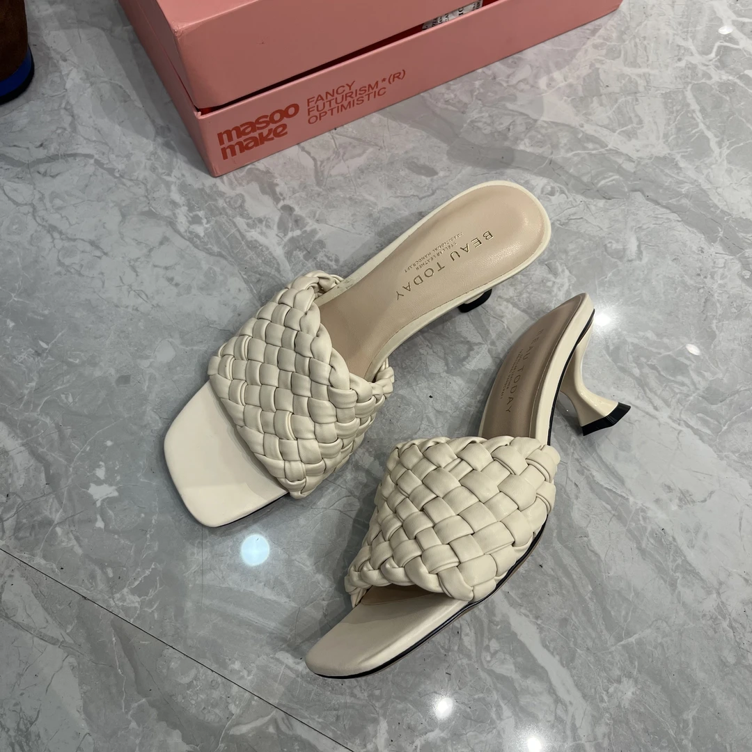 气质方头细跟一字拖鞋罗马编织露趾凉拖鞋女夏季时尚