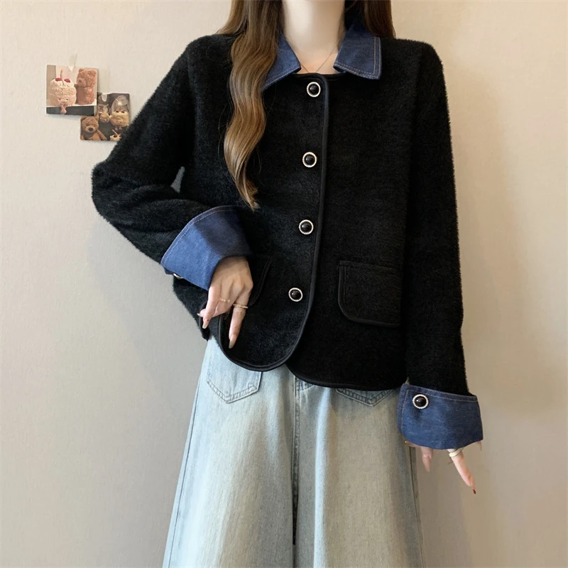 KANING不起球的仿毛呢针织外套女2025春季新款小香风短款开衫上衣