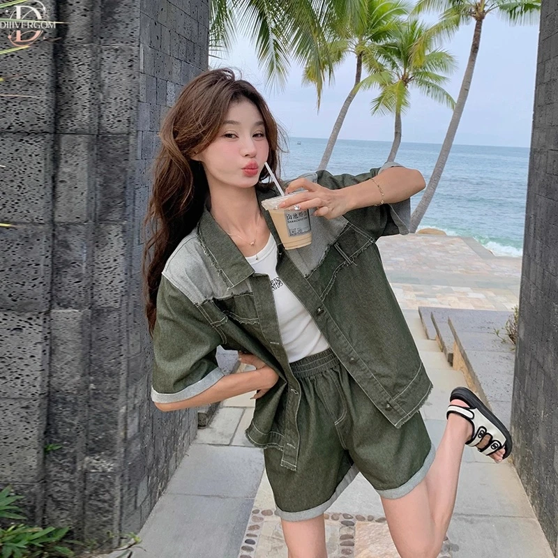 拼接牛仔短袖衬衫短裤套装女夏季2025新款减龄炸街休闲工装两件套