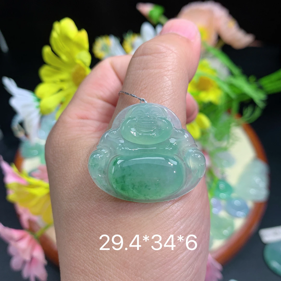 缅甸翡翠A货冰种飘绿佛公喜挂件水润百搭精冰妈妈精玉石精美精致