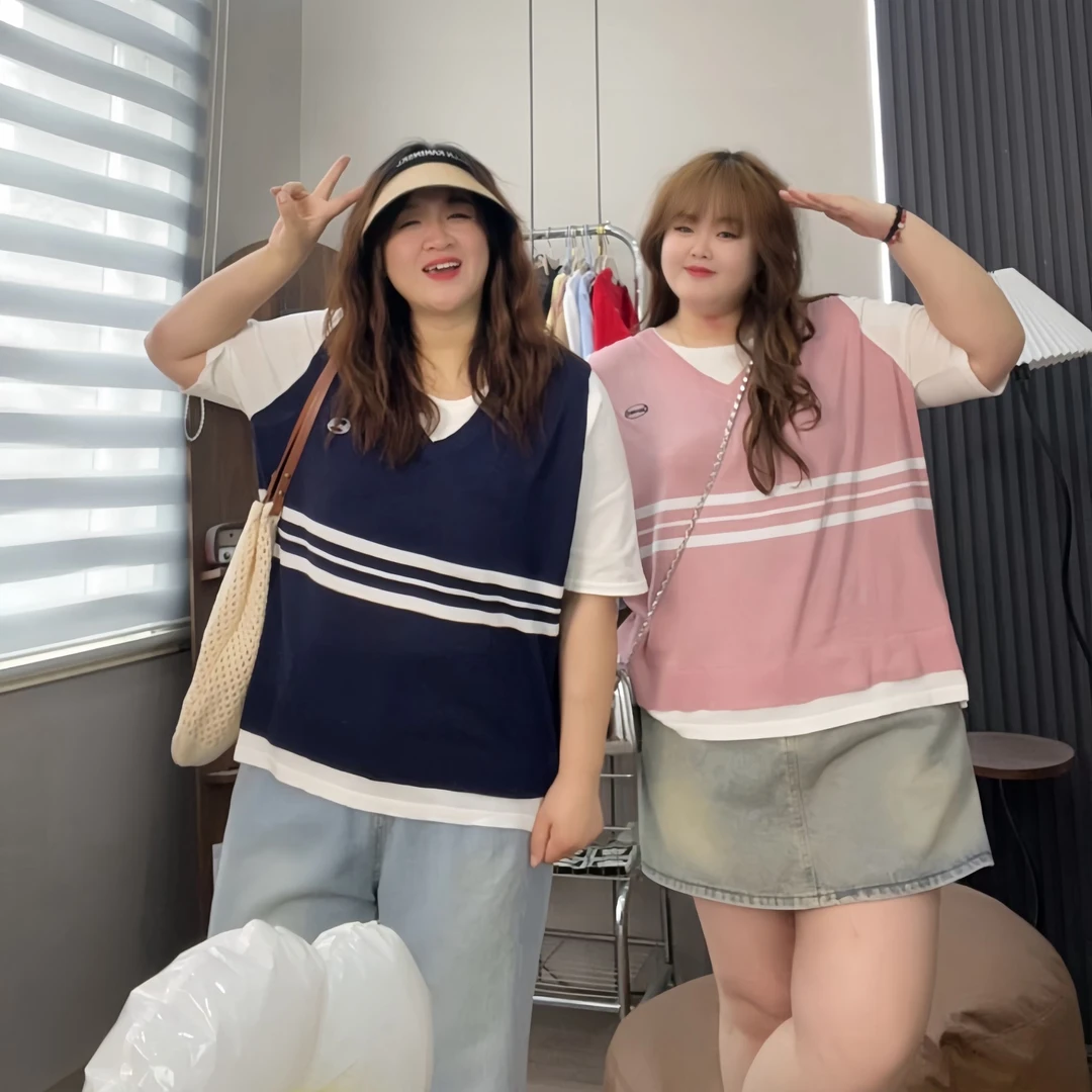 【现货48小时】大码女装夏季薄款撞色假两件胖妹妹针织t恤短袖上衣