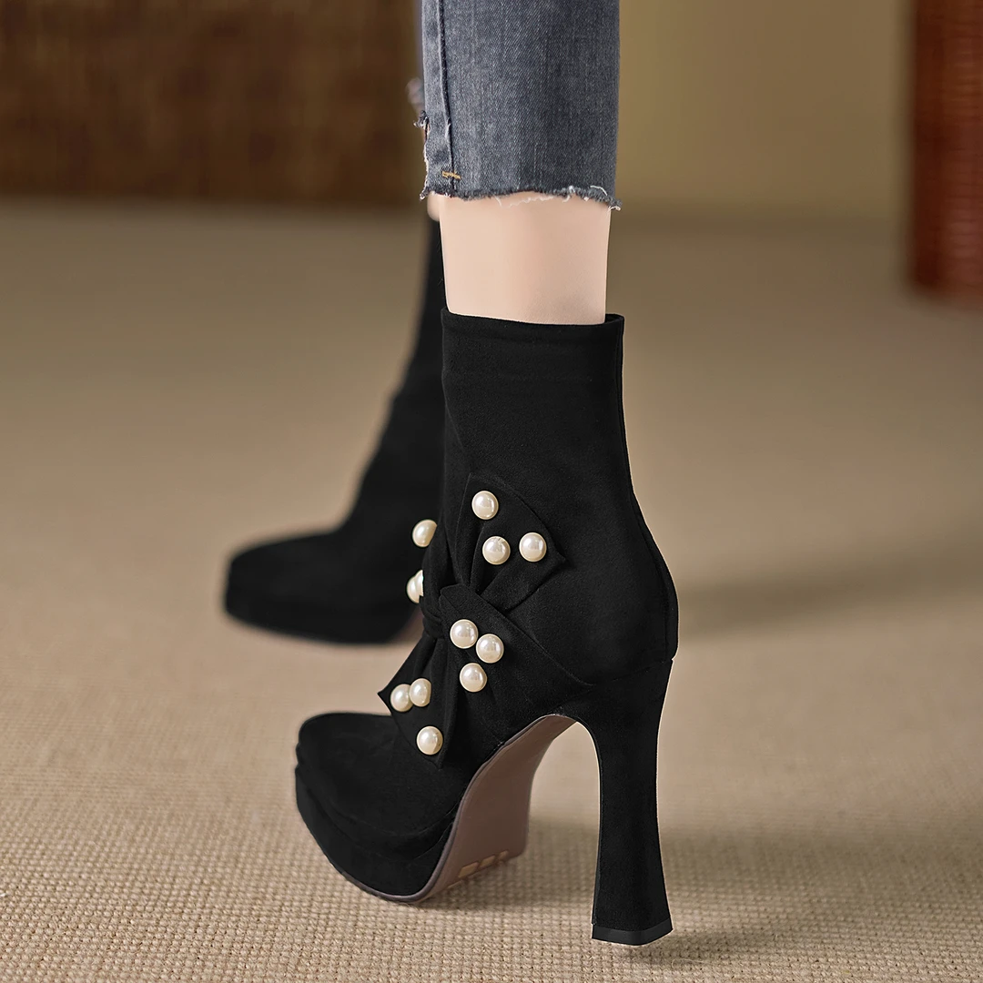 小个子手工女鞋11.5cm~超高跟细跟短靴女蝴蝶结珍珠防水台瘦瘦靴