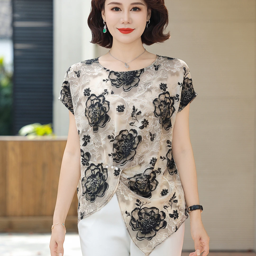 时尚妈妈夏装2025新款中年妇女减龄上衣中老年人气质印花短袖小衫