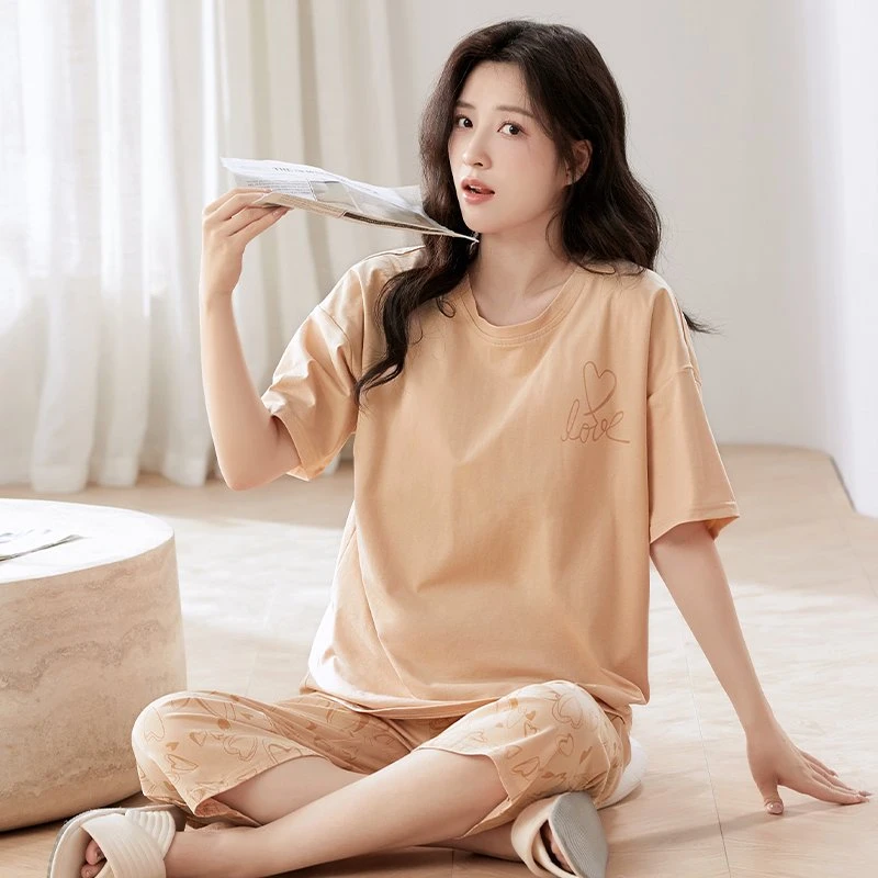 纯棉夏季短袖七分裤带胸垫高级感家居服套装EC073