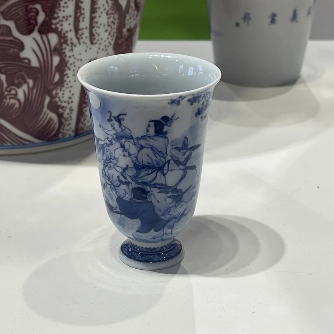 钟家窑 柴窑 纯手绘 青花 牛郎织女高脚杯